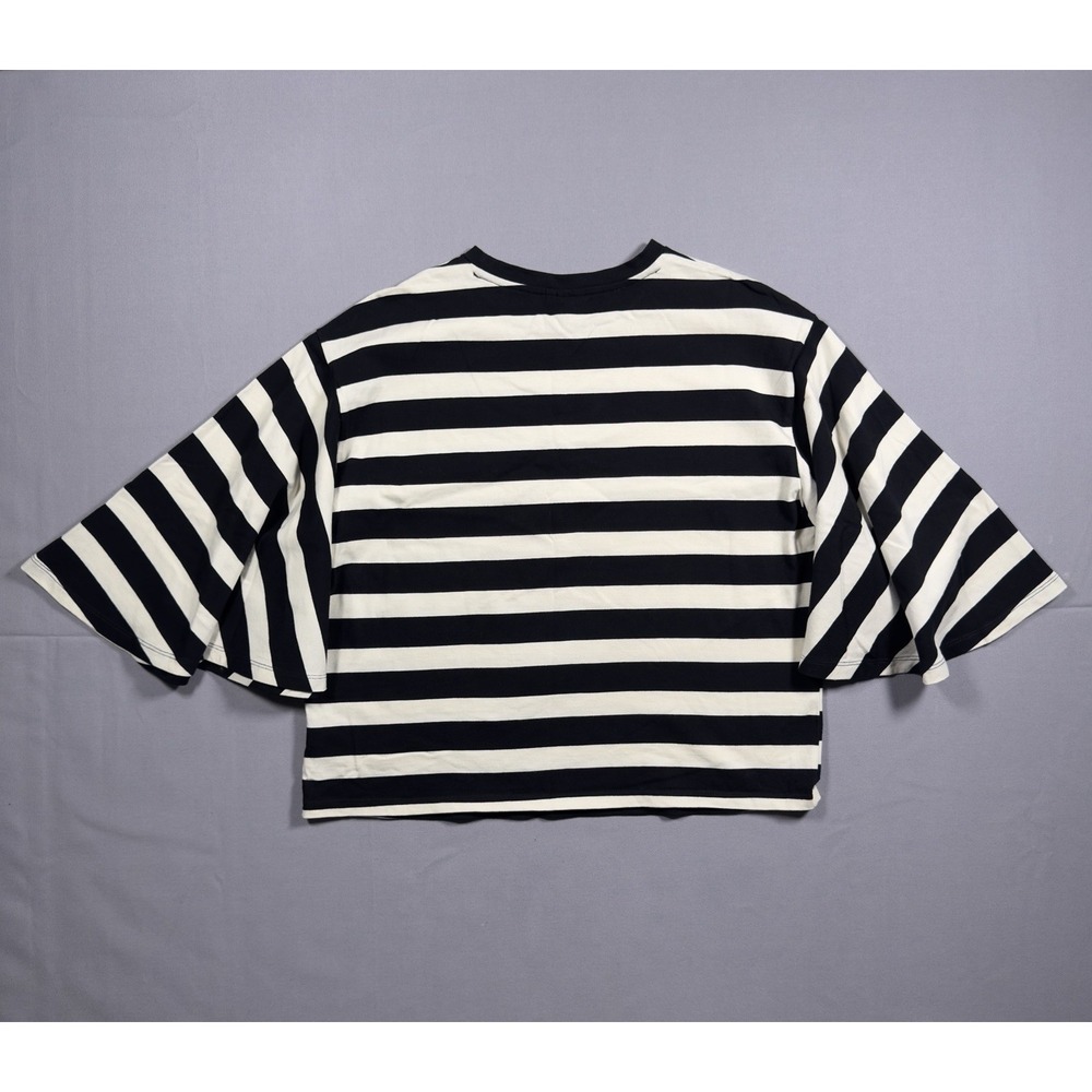 Who What Wear Womens L Black White Stripe Bell Sleeve Cotton Top Shirt - Picture 4 of 6